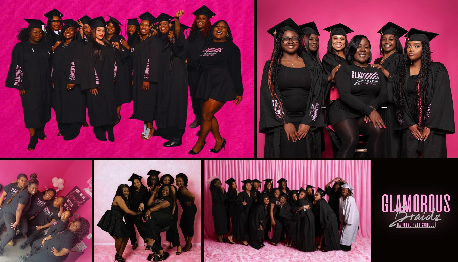 Graduates of Glamorous Braidz Natural Hair School in caps and gowns, photographed in groups against a pink backdrop, with the school's logo.
